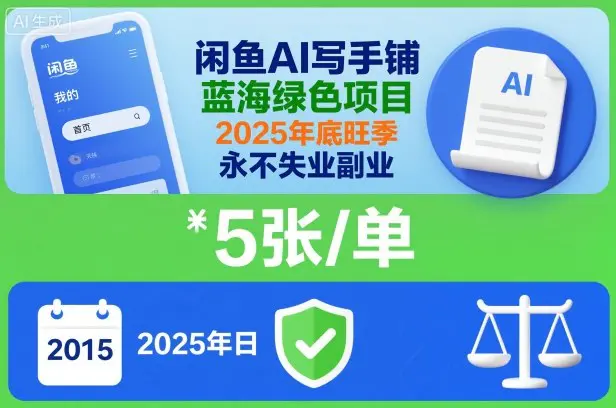 闲鱼AI写手铺,蓝海绿色项目,一单5张,2025年底旺季,永不失业副业-1 闲鱼AI写手铺,蓝海绿色项目,一单5张,2025年底旺季,永不失业副业