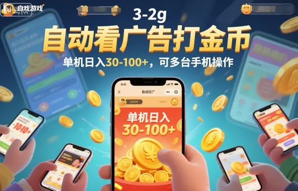 自动看广告打金币，单机日入30-100+，可多台手机操作【揭秘】