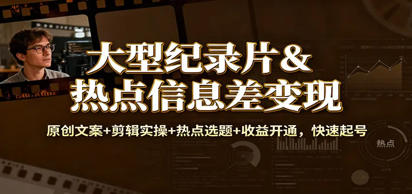 大型纪录片&热点信息差变现:原创文案+剪辑实操+热点选题+收益开通,快速起号