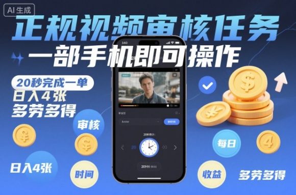 正规视频审核任务,一部手机即可操作,20秒完成一单,日入4张,多劳多得【揭秘】-1 正规视频审核任务,一部手机即可操作,20秒完成一单,日入4张,多劳多得【揭秘】