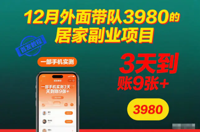 12月外面带队3980的居家副业项目,一部手机实测3天到账9张+,首发教程【揭秘】