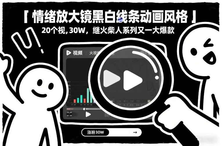 情绪放大镜黑白线条动画风格,20个视频,涨粉30W,继火柴人系列又一大爆款-1 情绪放大镜黑白线条动画风格,20个视频,涨粉30W,继火柴人系列又一大爆款