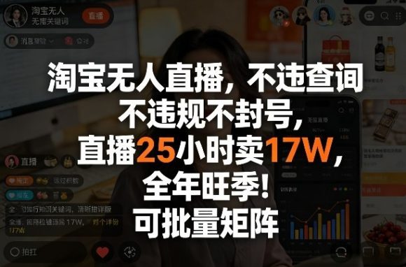 淘宝无人直播，不违规不封号，直播25小时卖17W，全年旺季！可批量矩阵【揭秘】