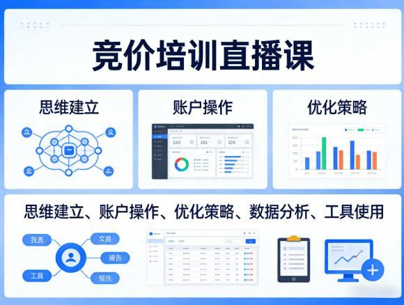 竞价培训直播课，覆盖思维建立、账户操作、优化策略、数据分析、工具使用等，全方位提升效果