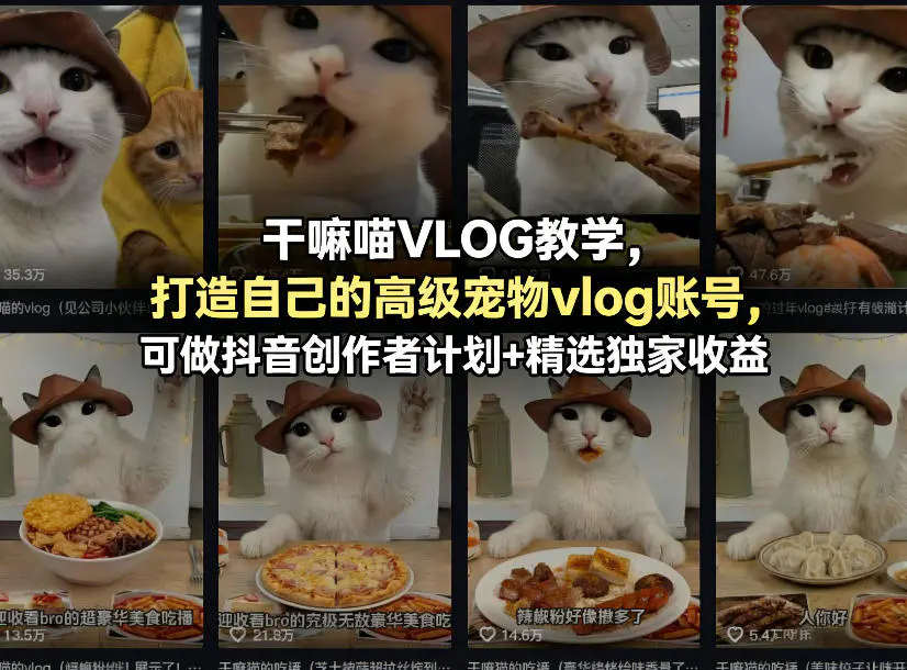 干嘛喵VLOG教学，打造自己的高级宠物vlog账号，可做抖音创作者计划+精选独家收益