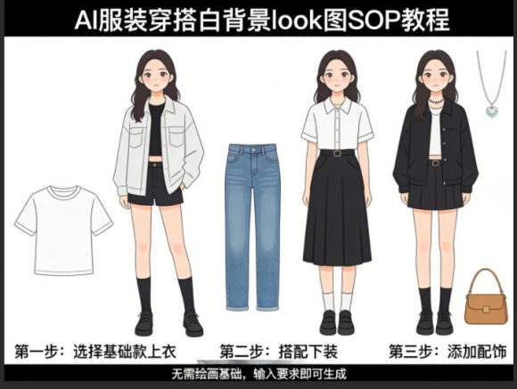 AI服装穿搭白背景look图SOP教程，不用会画画，提几句具体要求，AI就能还你一个奇迹