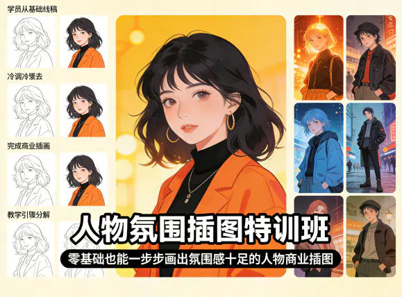 人物氛围插图特训班，零基础也能一步步画出氛围感十足的人物商业插图