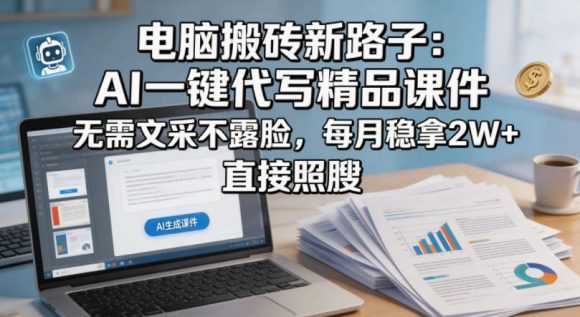 电脑搬砖新路子：AI一键代写精品课件，无需文采不露脸，每月稳拿2W+，直接照搬