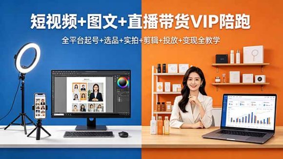 短视频+图文+直播带货VIP陪跑，全平台起号+选品+实拍+剪辑+投放+变现全教学