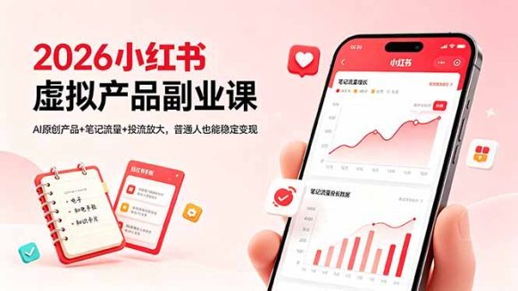 2026小红书虚拟产品副业课，AI原创产品+笔记流量+投流放大，普通人也能稳定变现