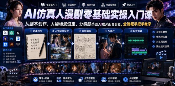 AI仿真人漫剧零基础实操入门课,从剧本创作、人物场景设定、分镜脚本到AI成片配音剪辑,全流程手把手教学-1 AI仿真人漫剧零基础实操入门课,从剧本创作、人物场景设定、分镜脚本到AI成片配音剪辑,全流程手把手教学
