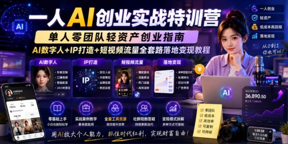 一人AI创业实战特训营,单人零团队轻资产创业指南,AI数字人+IP打造+短视频流量全套路落地变现教程-1 一人AI创业实战特训营,单人零团队轻资产创业指南,AI数字人+IP打造+短视频流量全套路落地变现教程