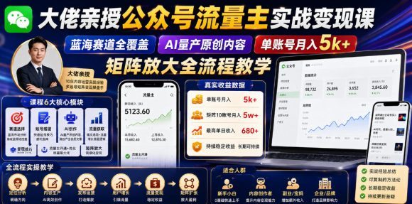 大佬亲授公众号流量主实战变现课,蓝海赛道全覆盖,AI量产原创内容,单账号月入5k+矩阵放大全流程教学-1 大佬亲授公众号流量主实战变现课,蓝海赛道全覆盖,AI量产原创内容,单账号月入5k+矩阵放大全流程教学