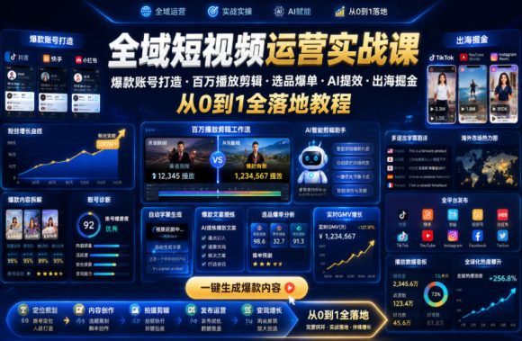 全域短视频运营实战课,爆款账号打造・百万播放剪辑・选品爆单・AI提效・出海掘金,从0到1全落地教程-1 全域短视频运营实战课,爆款账号打造・百万播放剪辑・选品爆单・AI提效・出海掘金,从0到1全落地教程