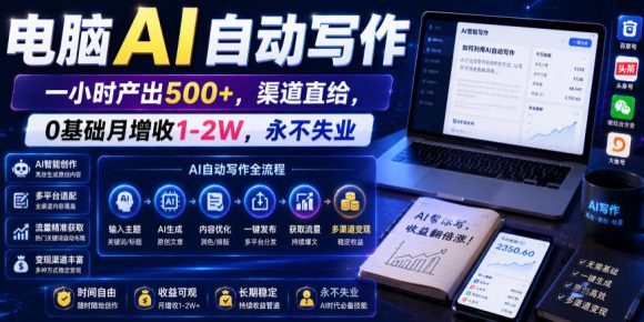 电脑AI自动写作,一小时产出500+,渠道直给,0基础月增收1-2W,永不失业【揭秘】-1 电脑AI自动写作,一小时产出500+,渠道直给,0基础月增收1-2W,永不失业【揭秘】