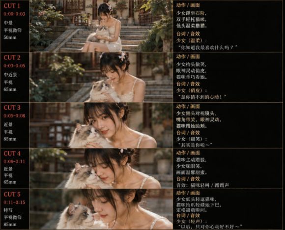 美女和猫故事提示词，人物一致性提示词+故事板