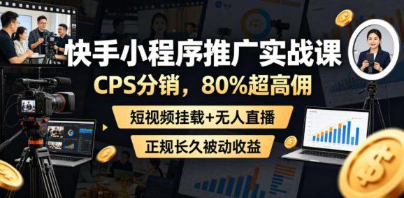 快手小程序推广实战课,CPS分销,80%超高佣,短视频挂载+无人直播,正规长久被动收益-1 快手小程序推广实战课,CPS分销,80%超高佣,短视频挂载+无人直播,正规长久被动收益