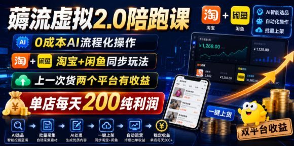 薅流虚拟2.0陪跑课,0成本AI流程化操作,淘宝+闲鱼同步玩法,上一次货两个平台有收益,单店每天200纯利润-1 薅流虚拟2.0陪跑课,0成本AI流程化操作,淘宝+闲鱼同步玩法,上一次货两个平台有收益,单店每天200纯利润