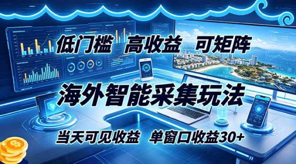 海外智能采集玩法，低门槛高单价可矩阵，当天可见收益，单窗口30+