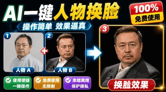 纯离线本地运行!AI一键人物lian部替换软件,支持图片换lian,效果逼真,最便捷换lian工具FaceSwap-1 纯离线本地运行!AI一键人物lian部替换软件,支持图片换lian,效果逼真,最便捷换lian工具FaceSwap