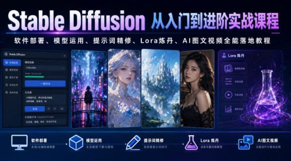 Stable Diffusion从入门到进阶实战课程|软件部署、模型运用、提示词精修、Lora炼丹、AI图文视频全能落地教程-1 Stable Diffusion从入门到进阶实战课程|软件部署、模型运用、提示词精修、Lora炼丹、AI图文视频全能落地教程