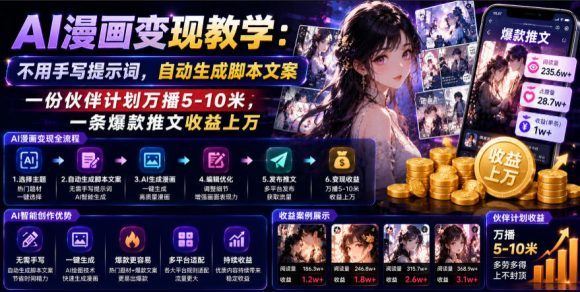 AI漫画变现教学:不用手写提示词,自动生成脚本文案,一份伙伴计划万播5-10米,一条爆款推文收益上W-1 AI漫画变现教学:不用手写提示词,自动生成脚本文案,一份伙伴计划万播5-10米,一条爆款推文收益上W