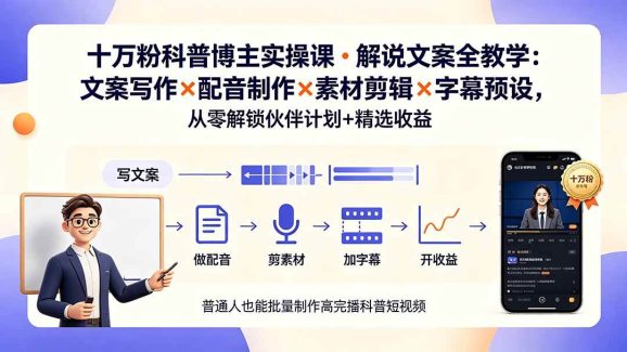 10万粉科普博主实操课-解说文案全教学:文案写作×配音制作×素材剪辑×字幕预设,从零解锁伙伴计划+精选收益-1 10万粉科普博主实操课-解说文案全教学:文案写作×配音制作×素材剪辑×字幕预设,从零解锁伙伴计划+精选收益