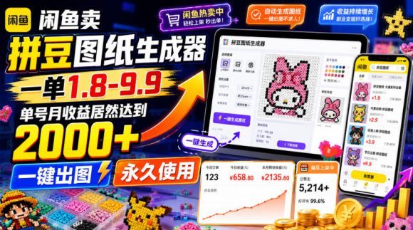 闲鱼卖拼豆图纸生成器,一单1.8-9.9,单号月收益居然达到2000+一键出图永久使用-1 闲鱼卖拼豆图纸生成器,一单1.8-9.9,单号月收益居然达到2000+一键出图永久使用