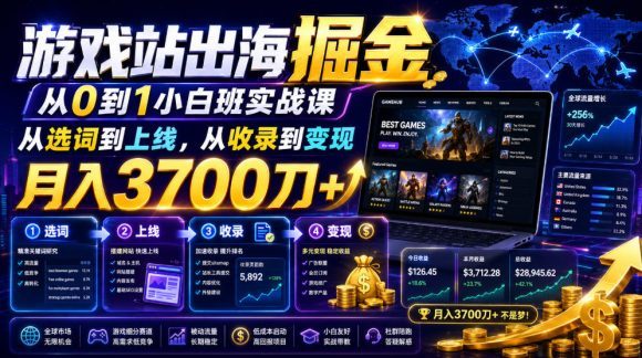 游戏站出海掘金从0到1小白实战课，从选词到上线，从收录到变现，月入3700刀+