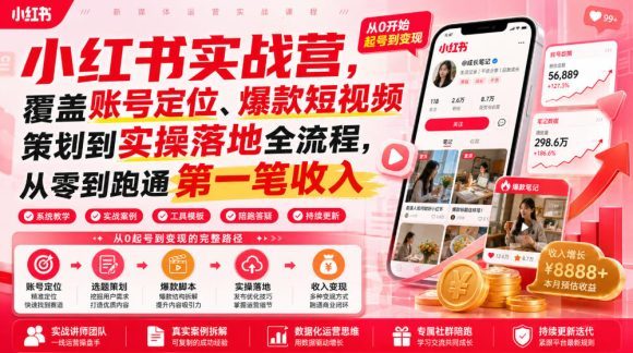 小红书实战营,覆盖账号定位、爆款短视频策划到实操落地全流程,从零到跑通第一笔收入-1 小红书实战营,覆盖账号定位、爆款短视频策划到实操落地全流程,从零到跑通第一笔收入