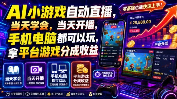 AI小游戏自动直播,当天学会,当天开播,手机电脑都可以玩,拿平台游戏分成收益-1 AI小游戏自动直播,当天学会,当天开播,手机电脑都可以玩,拿平台游戏分成收益