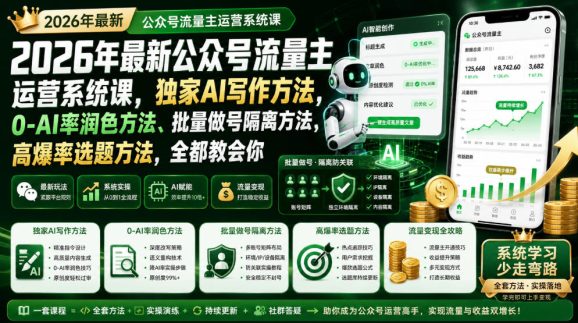 2026年最新公众号流量主运营系统课,独家AI写作方法,0-AI率润色方法、批量做号隔离方法、高爆率选题方法,全都教会你-1 2026年最新公众号流量主运营系统课,独家AI写作方法,0-AI率润色方法、批量做号隔离方法、高爆率选题方法,全都教会你
