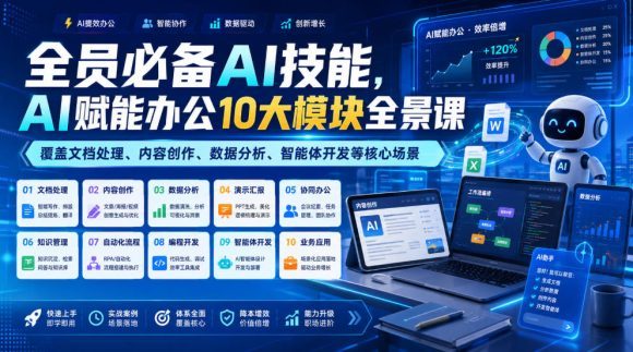 全员必备AI技能,AI赋能办公10大模块全景课,覆盖文档处理、内容创作、数据分析、智能体开发等核心场景-1 全员必备AI技能,AI赋能办公10大模块全景课,覆盖文档处理、内容创作、数据分析、智能体开发等核心场景