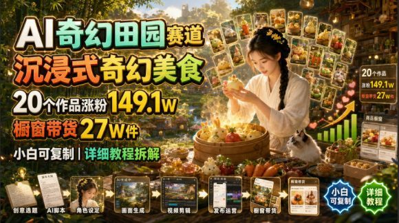 AI奇幻田园赛道,沉浸式奇幻美食,20个作品涨粉149.1W,橱窗带货27W件,小白可复制,详细教程拆解-1 AI奇幻田园赛道,沉浸式奇幻美食,20个作品涨粉149.1W,橱窗带货27W件,小白可复制,详细教程拆解