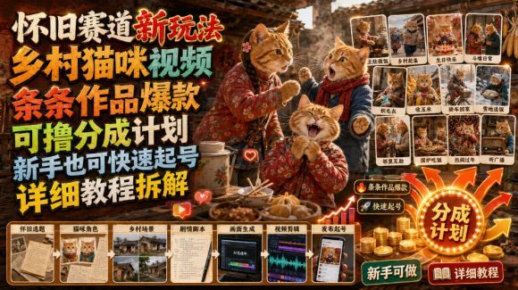 怀旧赛道新玩法，乡村猫咪视频，条条作品爆款，可撸分成计划，新手也可快速起号，详细教程拆解