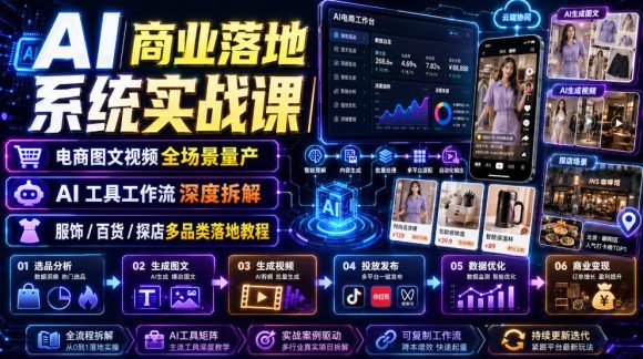 AI商业落地系统实战课｜电商图文视频全场景量产・AI工具工作流深度拆解・服饰/百货/探店多品类落地教程