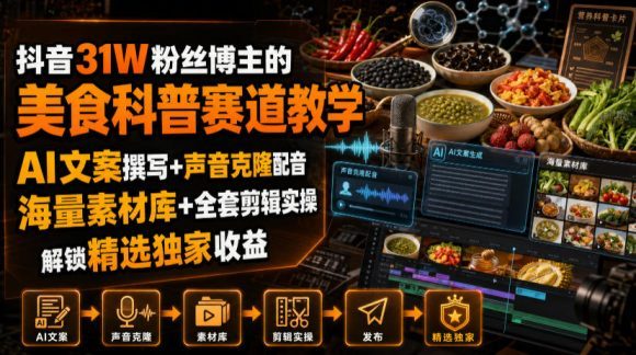 抖音31W粉丝博主的美食科普赛道教学,AI文案撰写+声音克隆配音+剪辑实操,解锁精选独家收益-1 抖音31W粉丝博主的美食科普赛道教学,AI文案撰写+声音克隆配音+剪辑实操,解锁精选独家收益