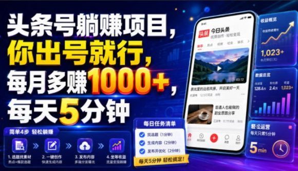头条号躺賺项目,你出号就行,每月多賺1000+,每天5分钟,坐等分米【揭秘】-1 头条号躺賺项目,你出号就行,每月多賺1000+,每天5分钟,坐等分米【揭秘】