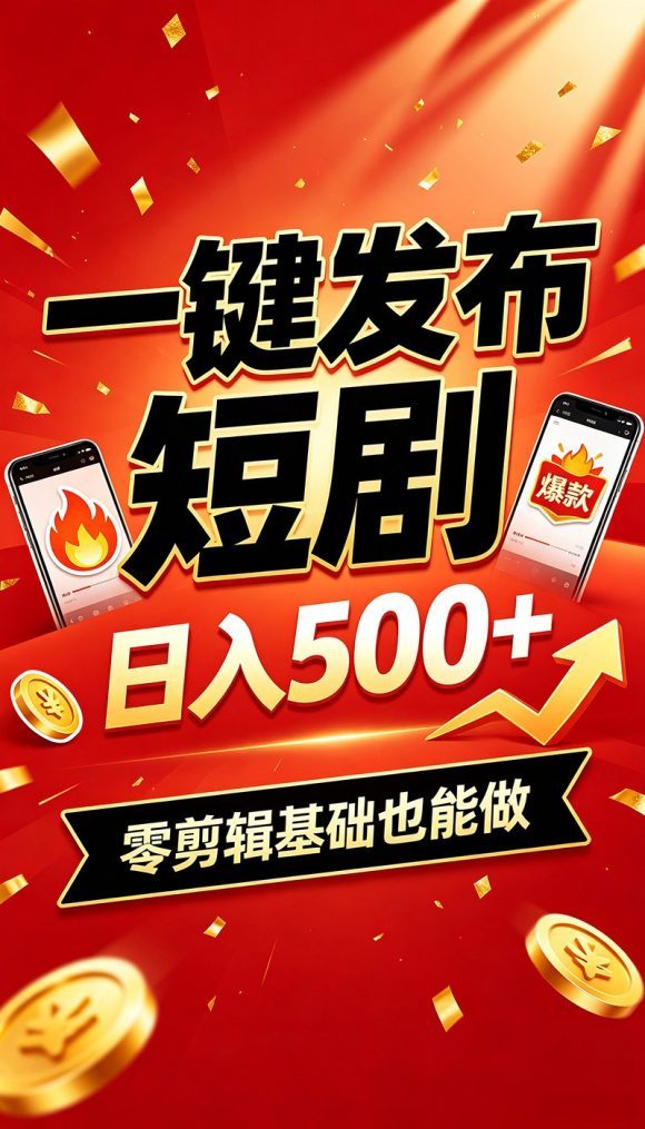 快手短剧一键发布，不用剪辑操作简单，副业日入500+。空闲时间轻松赚收益