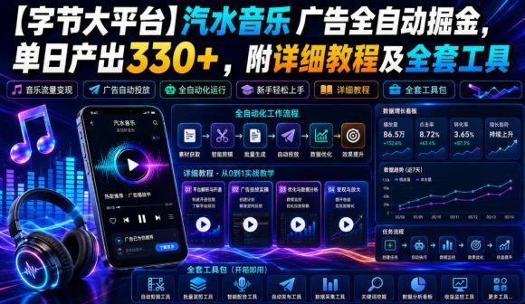 【字节大平台】汽水音乐广告全自动掘金,单日产出330+,附详细教程及全套工具【揭秘】-1 【字节大平台】汽水音乐广告全自动掘金,单日产出330+,附详细教程及全套工具【揭秘】