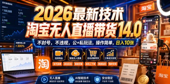 2026最新技术,淘宝无人直播带货14.0,不封号,不违规,公+私玩法,操作简单,日入10张【揭秘】-1 2026最新技术,淘宝无人直播带货14.0,不封号,不违规,公+私玩法,操作简单,日入10张【揭秘】