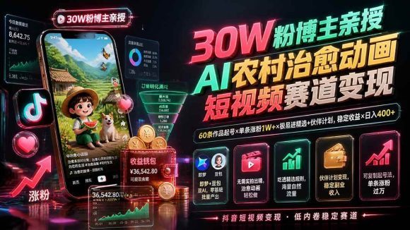 30W粉博主亲授AI农村治愈动画短视频赛道变现:60条作品起号×单条涨粉1W+×极易进精选+伙伴计划,稳定收益×日入400+-1 30W粉博主亲授AI农村治愈动画短视频赛道变现:60条作品起号×单条涨粉1W+×极易进精选+伙伴计划,稳定收益×日入400+