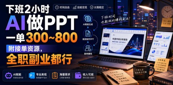 下班2小时AI做PPT，一单300~800，附接单资源，全职副业都行【揭秘】
