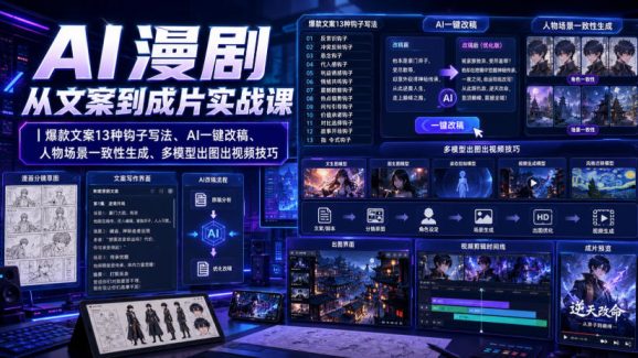 AI漫剧从文案到成片实战课|爆款文案13种钩子写法、AI一键改稿、人物场景一致性生成、多模型出图出视频技巧-1 AI漫剧从文案到成片实战课|爆款文案13种钩子写法、AI一键改稿、人物场景一致性生成、多模型出图出视频技巧
