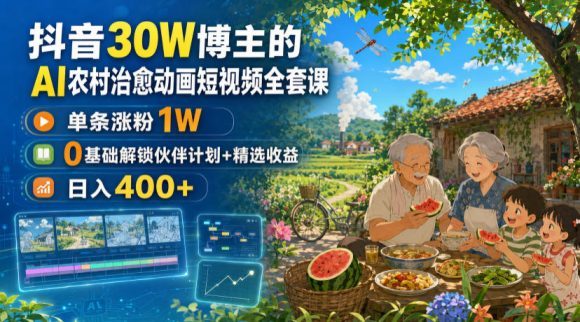 抖音30W博主的AI农村治愈动画短视频全套课|单条涨粉1W,0基础解锁伙伴计划+精选收益,日入400+-1 抖音30W博主的AI农村治愈动画短视频全套课|单条涨粉1W,0基础解锁伙伴计划+精选收益,日入400+