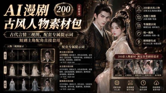AI漫剧古风人物素材包+提示词|200 套古代言情三视图,配套专属提示词短剧主角配角直接套用-1 AI漫剧古风人物素材包+提示词|200 套古代言情三视图,配套专属提示词短剧主角配角直接套用
