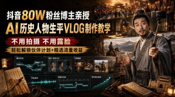抖音80W粉丝博主的AI历史人物生平VLOG教学，不用拍摄不用露脸，AI帮你搞定，轻松解锁伙伴计划+精选收益