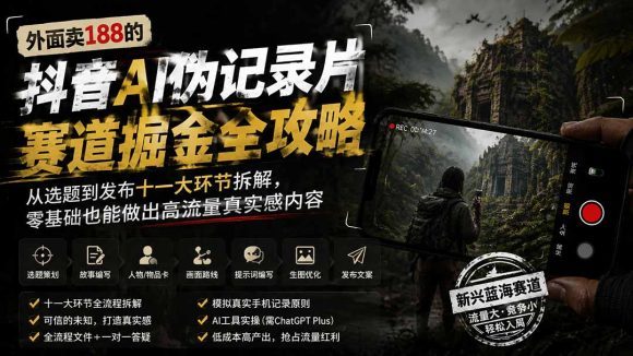 外面卖188的抖音AI伪记录片赛道掘金全攻略；从选题到发布十一大环节拆解，零基础也能做出高流量真实感内容