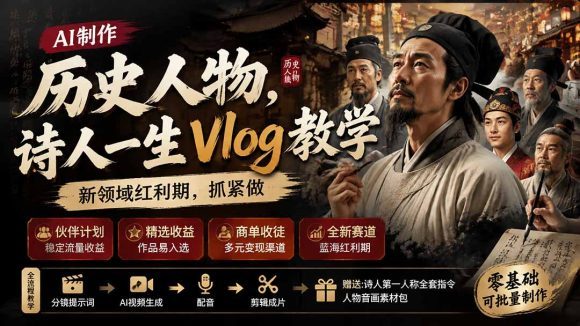 历史人物,诗人一生Vlog教学, AI制作丨伙伴计划丨精选收益丨商单收徒 ,新领域红利期,抓紧做-1 历史人物,诗人一生Vlog教学, AI制作丨伙伴计划丨精选收益丨商单收徒 ,新领域红利期,抓紧做