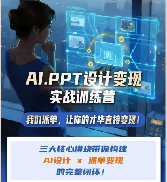 AI+PPT设计变现实战训练营，我们派单，让你的才华直接变现，三大核心模块带你构建Al设计x派单变现的完整闭环